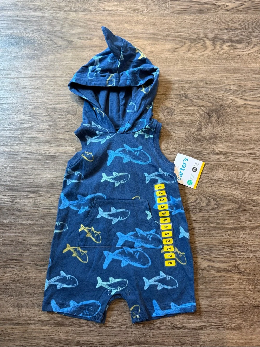 Carter's Baby Boy's Blue W/ Sharks Sleeveless Hooded Romper 6M NWT